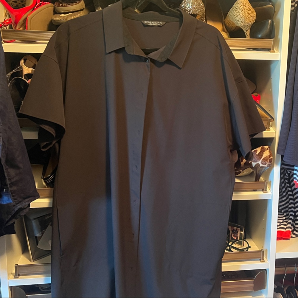 Black Short Sleeve button up shirt dress with pockets